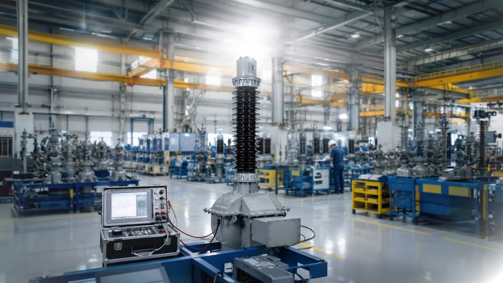 Partial discharge testing of a current transformer using electrical testing equipment in a high-voltage transformer manufacturing facility. Partial discharge testing of a current transformer using electrical testing equipment in a high-voltage transformer manufacturing facility.