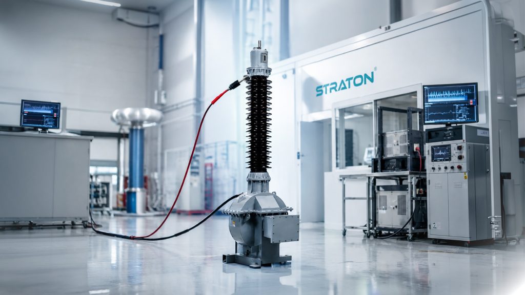 Partial discharge testing of a current transformer using high-voltage electrical testing equipment in a controlled transformer testing laboratory. Partial discharge testing of a current transformer using high-voltage electrical testing equipment in a controlled transformer testing laboratory.